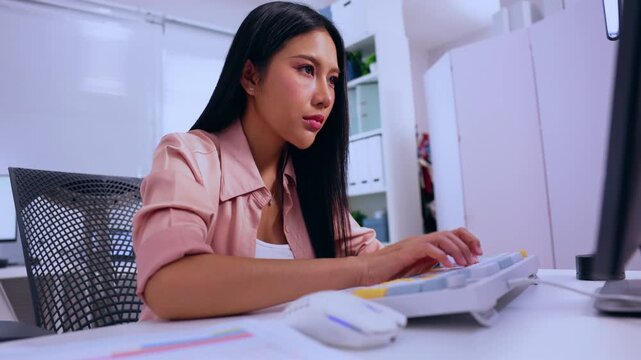 Asian woman in office using keyboard at computer desk, focused work concentration for business technology, professional employee typing at modern workplace