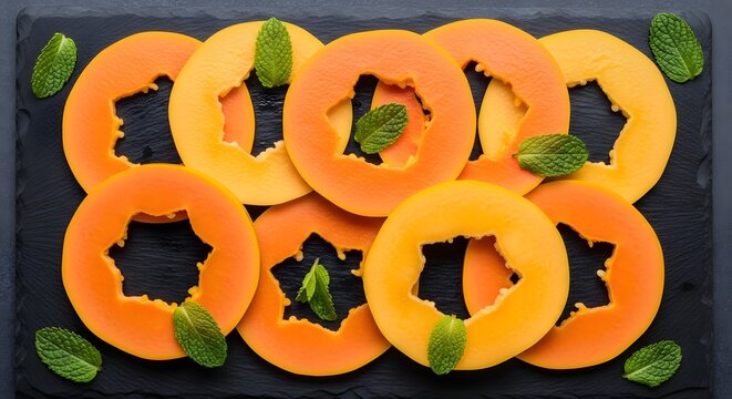 Freshly Sliced Papaya Rings with Mint Leaves on a Dark Surface.