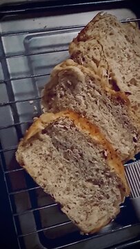 Homemade coarse whole wheat bread in tray,organic ingredients,show texture and surface of sliecd bread.