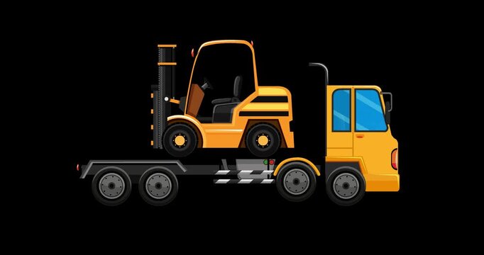 Yellow truck transports heavy forklift on flatbed. No people present in this industrial scene. Ideal for construction or logistics industry visuals