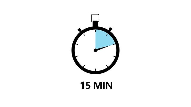 15 Minute Timer Stopwatch Icon Animation Blue Half Clock Dial Symbol Loop Isolated on White Background Motion Graphic