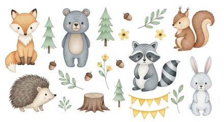 Fototapeta premium Cute Watercolor Woodland Animals Clipart Set with Fox Bear Raccoon Rabbit Hedgehog and Squirrel for Nursery Decor and Kids Design