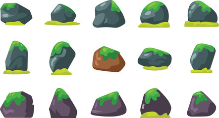  Mossy rock collection, natural stone elements isolated vector illustration for landscape game environment design © MdMajnur