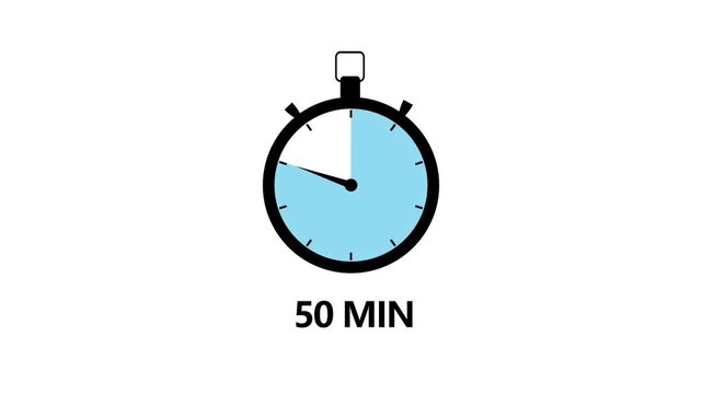 50 Minute Timer Stopwatch Icon Animation Blue Half Clock Dial Symbol Loop Isolated on White Background Motion Graphic