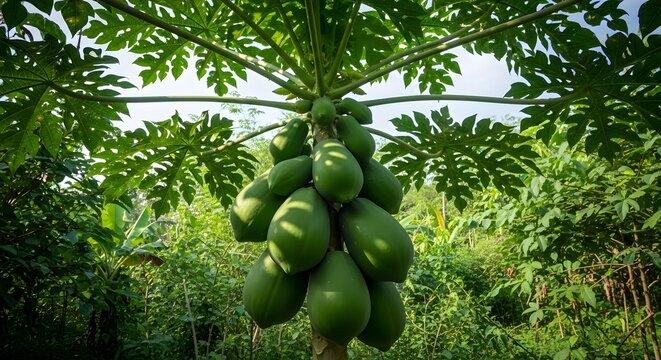 Lush Green Papaya Tree with Abundant Unripe Fruit in Tropical Orchard.
