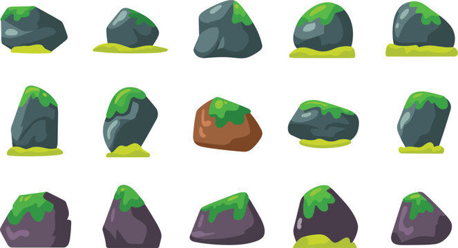  Mossy rock collection, natural stone elements isolated vector illustration for landscape game environment design