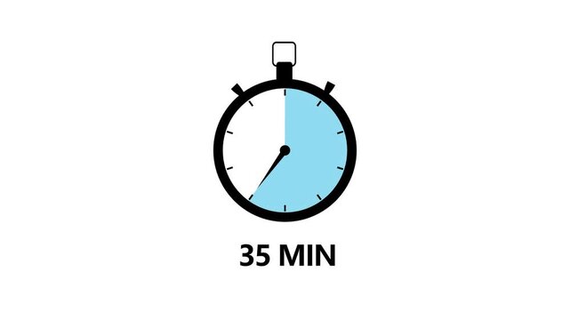 35 Minute Timer Stopwatch Icon Animation Blue Half Clock Dial Symbol Loop Isolated on White Background Motion Graphic