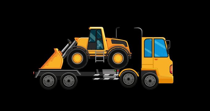 Yellow tow truck transports heavy machinery. Large tractor sits securely on flatbed trailer. Truck has bright yellow color and blue windows. Vehicle moves on flat surface with no background