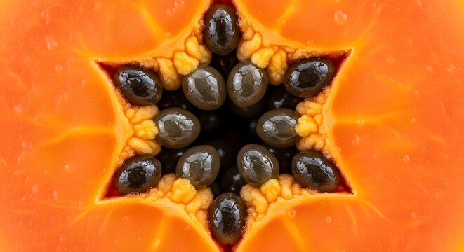 Close-up of a vibrant orange papaya half with black seeds arranged in a star shape.