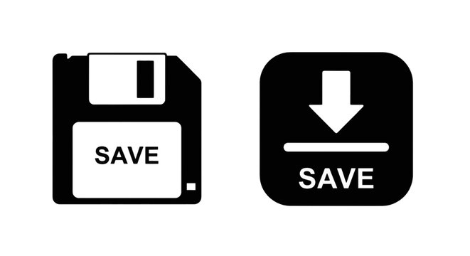 Vector illustration of save icon set, floppy disk and download arrow symbol, on a transparent background