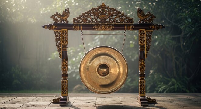 Golden gong on ornate stand in forest
