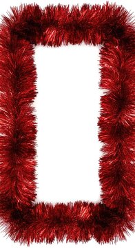 A bright red tinsel garland forms a rectangular border around an empty white space, creating a festive holiday frame for memories, winter, sparkling, frame