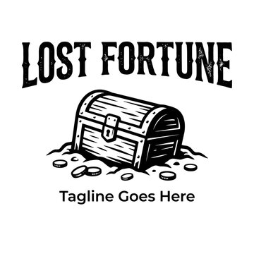 Monochrome wood-cut style pirate chest for adventure branding and gaming assets.