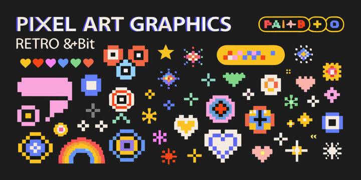 Pixel Art Graphics Collection In Retro 8 Bit Style