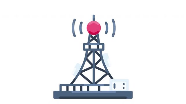 Radio tower with signal waves pulses out. Red sphere sits atop metal structure. White panels flank sides of tower. Utility box rests at base. Ideal for tech or communication topics