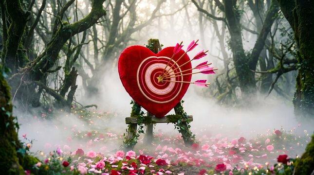 Archery Target in the Shape of a Heart Within a Foggy Forest