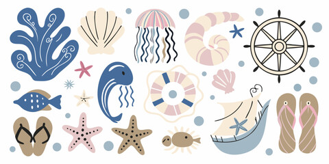Nautical Illustration With Seashells Starfish And Marine Life Elements © Ritu