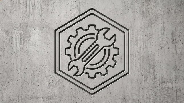 Industrial repair logo template with wrench and gear icon inside hexagon frame, vintage design on concrete background, mechanical workshop business identity, machinery service branding concept