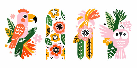 Stylized Parrots And Tropical Foliage Colorful Vector Illustration © Ritu