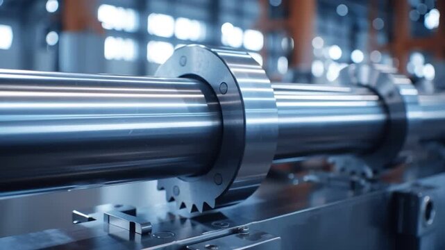 Metal shaft gear wheel industrial machine factory steel close up shiny precision mechanical part in workshop equipment scene