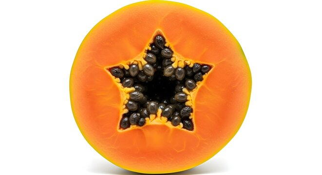 Fresh Papaya Half with Star-Shaped Seed Cavity on White Background.