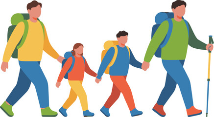 Happy family hiking together, outdoor adventure walking isolated vector illustration for travel camping lifestyle recreation activities