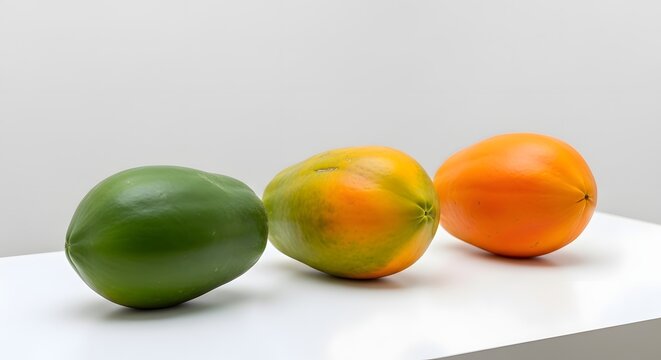 Three papayas in different stages of ripeness on a white surface.