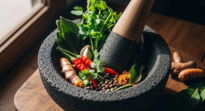Stone mortar and pestle with fresh Thai herbs and spices.