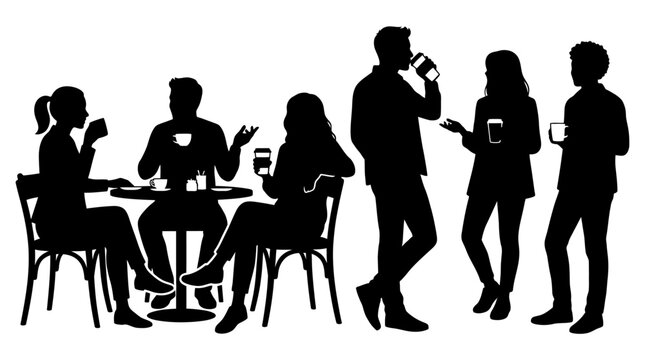 Silhouettes of a group of people socializing and drinking coffee in a cafe setting.