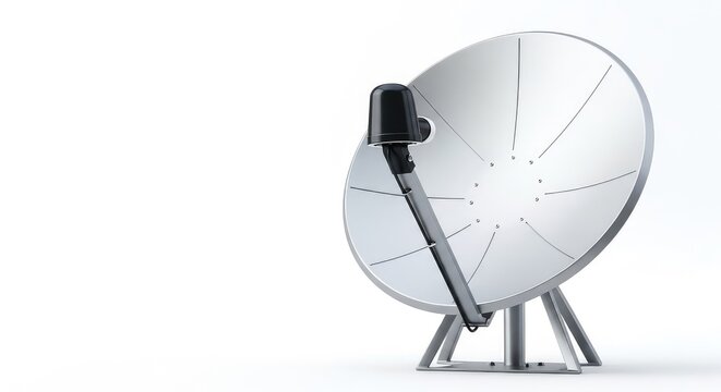Modern parabolic satellite dish mounted on a metal stand, isolated on a white background, representing telecommunications and global data, satellite, broadband, internet
