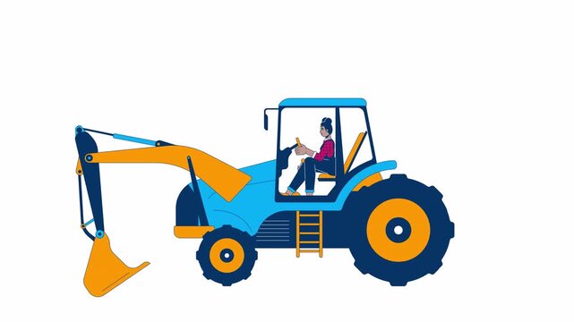 Blue excavator with yellow arm and bucket. Driver sits inside cabin, hands on controls. Vehicle features large tires and ladder for access. Simple cartoon style with bold colors on black background