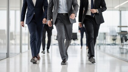 Obraz premium Corporate Business Team Walking Through Modern Office Corridor