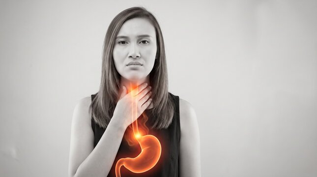 Woman Experiencing Acid Reflux and Heartburn with Digestive System Medical Illustration
