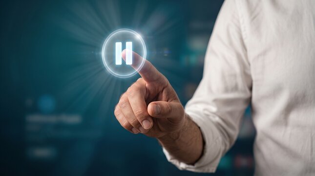 Finger Pressing Digital Pause Button on Virtual Interface Technology Concept