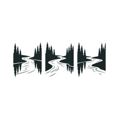 Obraz premium A graphic representation of a winding river flowing through a forest with its reflection mirrored below.
