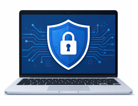 Laptop computer screen showing a blue digital security shield icon