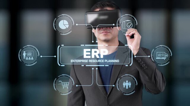 A businessman engages with virtual reality technology to explore enterprise resource planning concepts, visualizing crucial business data in a modern office setting. Raster