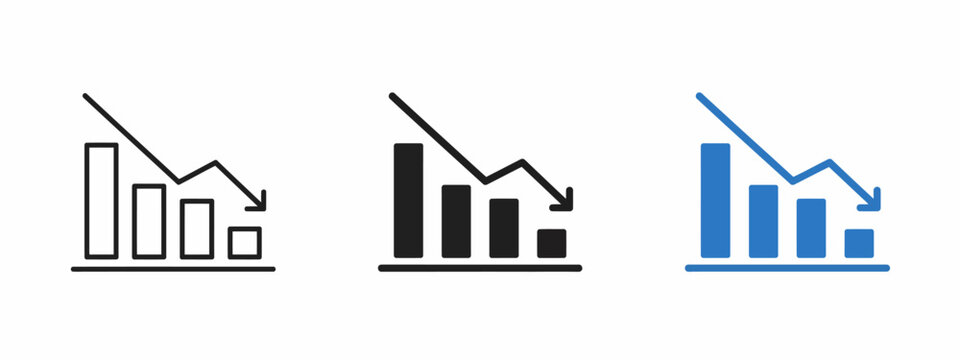 Declining chart icon set business loss downward trend vector line glyph isolated