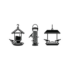 A collection of three distinct bird feeder designs presented as simple black and white line art illustrations. © Eko