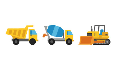 Naklejka premium Set of three construction machinery icons including a dump truck cement mixer and bulldozer with simple geometric shapes on a white background construction concept
