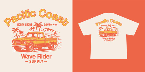 Obraz premium Vintage Pickup Truck T-Shirt Design with surfboard. Classic Style Typography