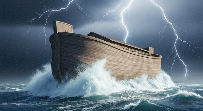 A massive wooden vessel tosses on violent ocean waves under a dark sky filled with lightning and torrential rain during a global flood, foam, mythology, nature