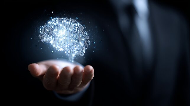 Business professional holding glowing digital brain symbolizing artificial intelligence, innovation and future technology
