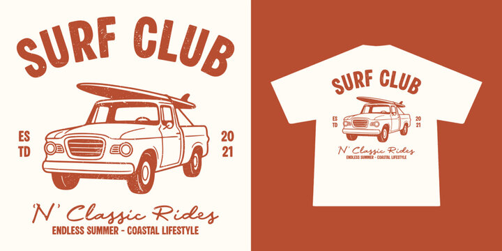 Vintage Pickup Truck T-Shirt Design with surfboard. Classic Style Typography