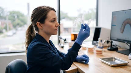 Fototapeta premium Female Dentist Examining Clear Orthodontic Retainer in Modern Dental Office