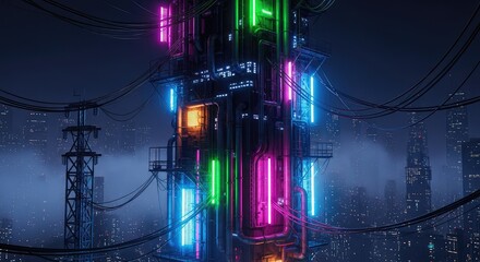 Fototapeta premium A sprawling vertical cityscape at night filled with glowing neon lights, heavy fog, industrial metal pipes, and tangled power cables, abstract, decay, tech