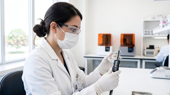 Female dental technician measuring clear plastic dental model with digital calipers in laboratory.