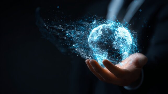 Business professional holding glowing digital brain symbolizing artificial intelligence, innovation and future technology