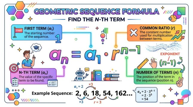 Geometric sequence formula infographic. Educational math chart for finding the n-th term.