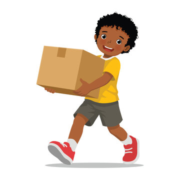 Little African boy carrying a cardboard box
